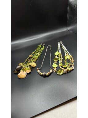 Set Of 3 Handmade Beaded Necklaces Multicolor Shell Metal Stone Accents Adj.